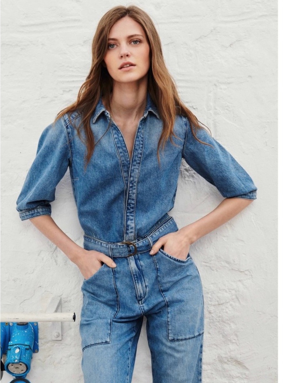 ba&sh Frida Blue Denim Utility Jumpsuit with Belt